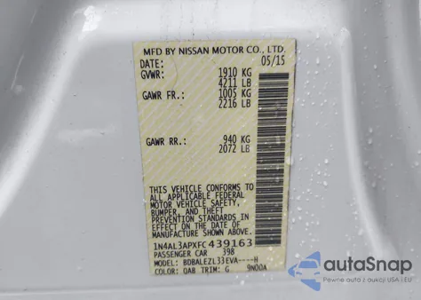 2015 Nissan Altima 2.5 S из США, поврежденный, VIN 1N4AL3APXFC439163